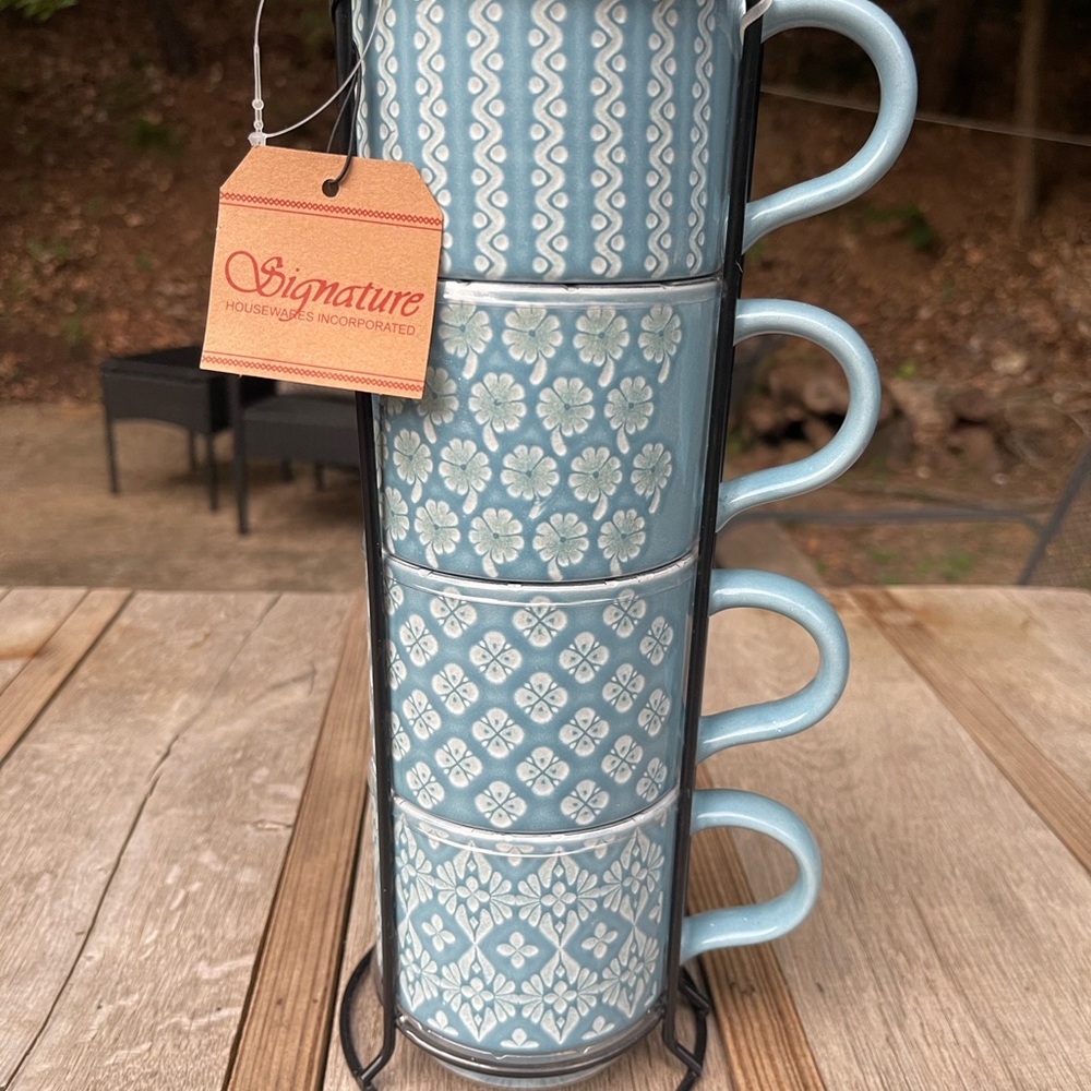 Signature Light Blue Patterned Ceramic Stackable Mug Set - Picture 2 of 2